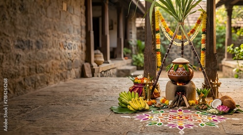 Thai Pongal festival setup with clay pot and sugarcane