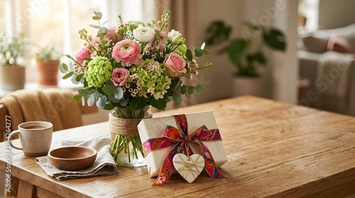 Elegant Flower Bouquet and Wrapped Gift on Wooden Table