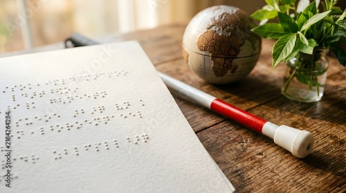 Braille Paper and Blind Mobility Cane on Wooden Table