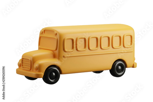 Um ônibus escolar amarelo de brinquedo em miniatura isolado sobre um fundo branco, capturado em uma perspectiva lateral para uso em design, publicidade ou projetos educacionais.