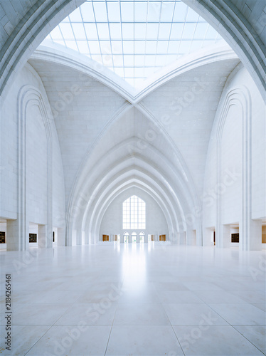 Obraz w ramie 美しいシンメトリーを描く白いゴシック様式のアーチ天井・神聖な建築美