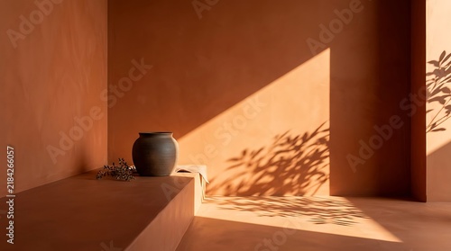 Ceramic pot and leaf shadow on terracotta wall