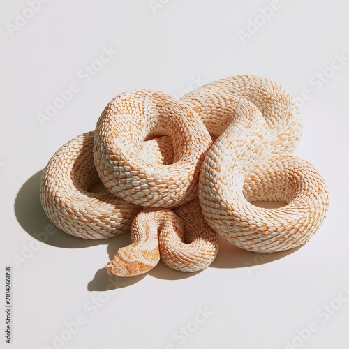 Albino Western hognose snakes rest on white backgrounds.