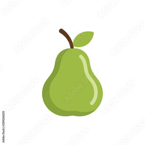 Stylized Illustration of a Ripe Green Pear Fruit with Leaf and Stem Isolated on White Background
