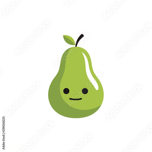Cute green pear character illustration with simple smiley face isolated on white background for health food and organic fruit design concepts