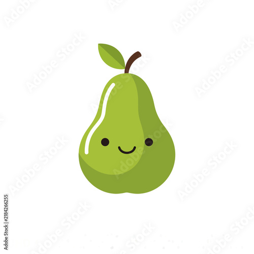 Cute Cartoon Green Pear Character Vector Illustration Isolated on White Background with Smiling Happy Face