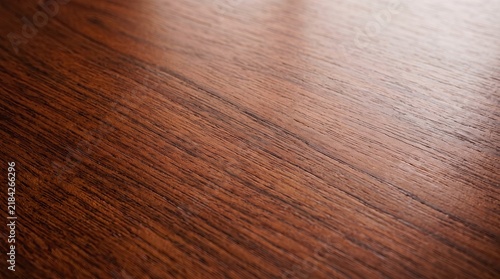 A high angle close up shot of a polished dark mahogany wood surface featuring a rich natural grain pattern and soft light reflections that highlight the smooth texture of the tabletop