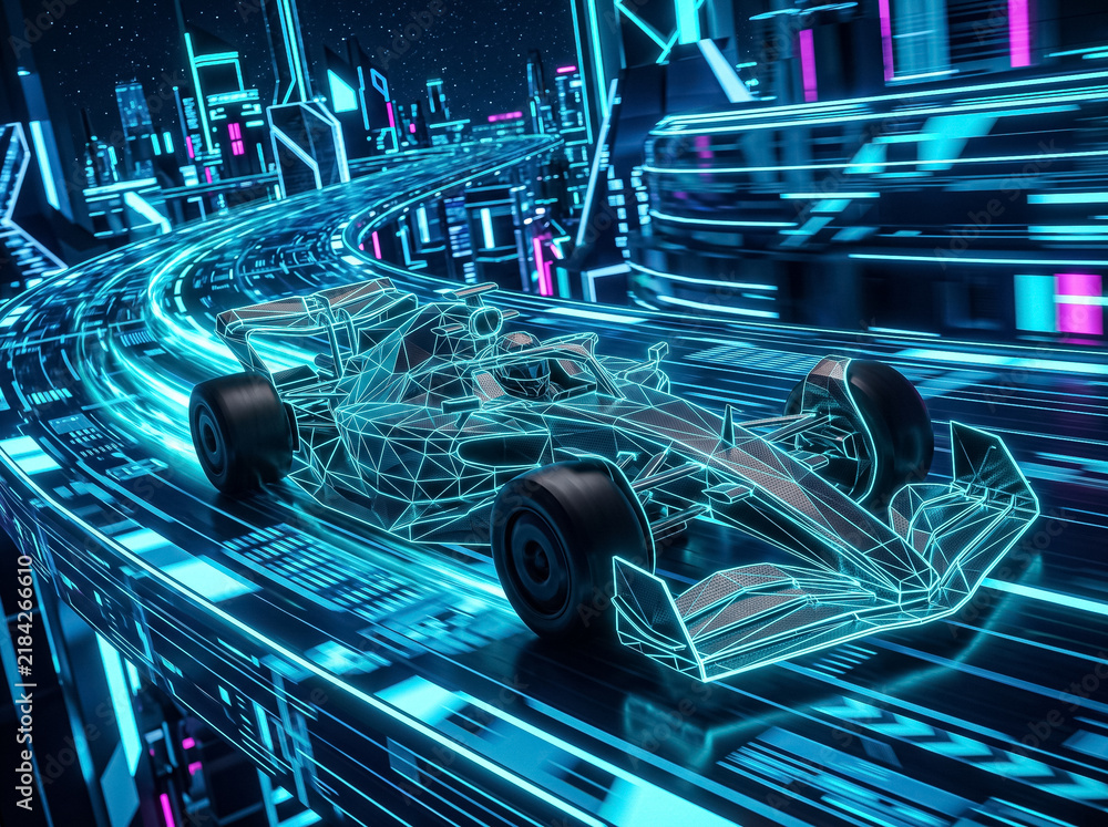 Obraz premium neon cyberpunk formula one racing car on futuristic night city track digital motorsport three dimensional sports car speeding along virtual circuit in future city