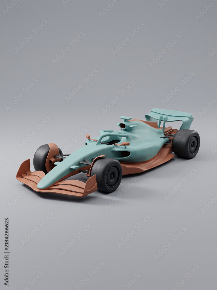 Obraz premium clay 3d model of formula one racing car in pastel turquoise and brown colors on neutral gray background