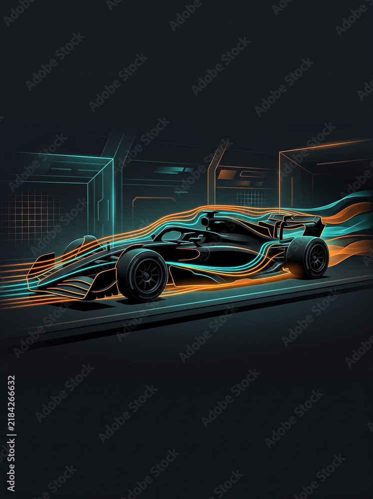Obraz premium aerodynamic testing of formula one racing car with orange and blue air flows in dark wind tunnel