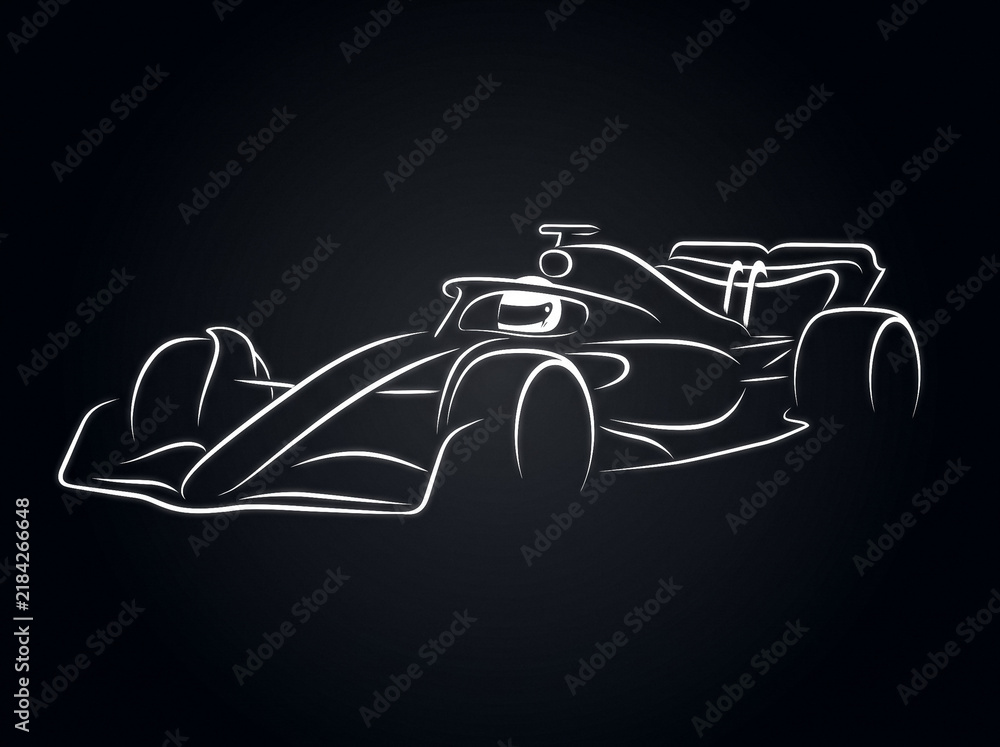 Fototapeta premium minimalist white neon outline of formula one racing car on dark background depicting silhouette of sports car