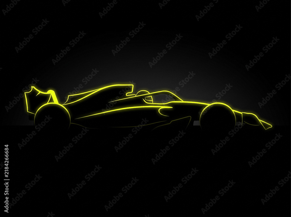 Obraz premium glowing yellow neon outline of formula one racing car side view on black background silhouette of sports car
