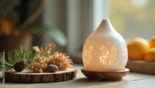 White ceramic aroma lamp, essential oil, dried flowers, pine wood , petals, texture, floral
