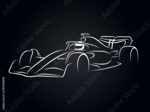 minimalist white neon outline of formula one racing car on dark background depicting silhouette of sports car
