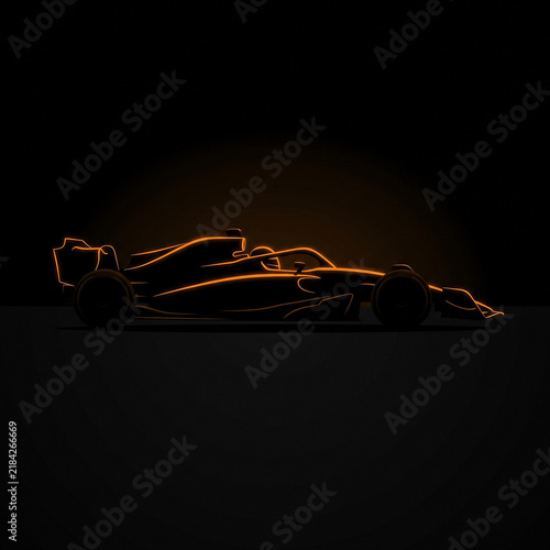 neon orange silhouette of formula one racing car side view with brightly glowing outlines on dark background