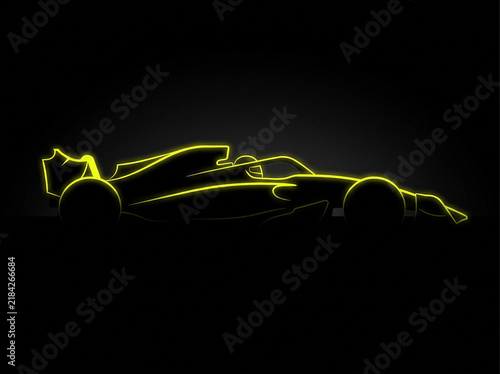 glowing yellow neon outline of formula one racing car side view on black background silhouette of sports car