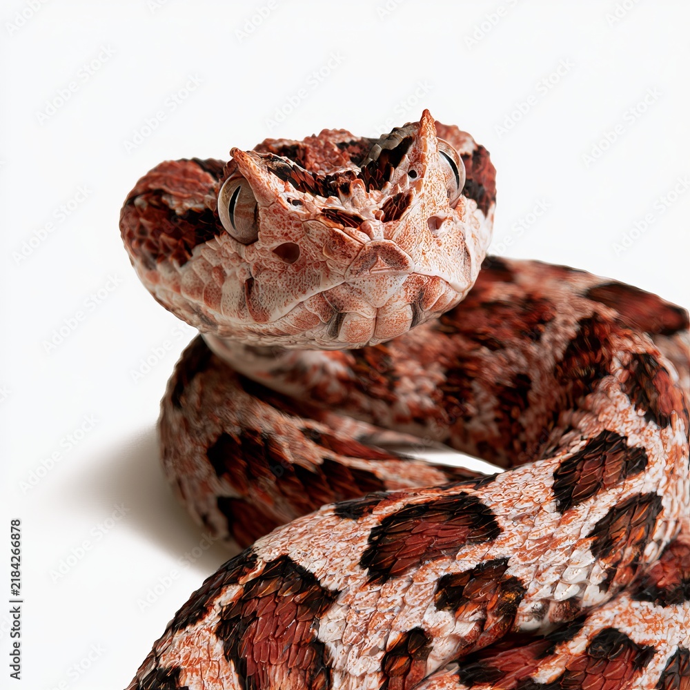 Obraz premium Indonesian viper snake shows close features against white background.