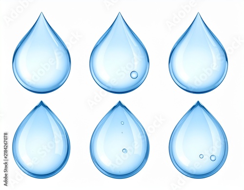 水滴　Set of glossy blue water drops isolated on white background

