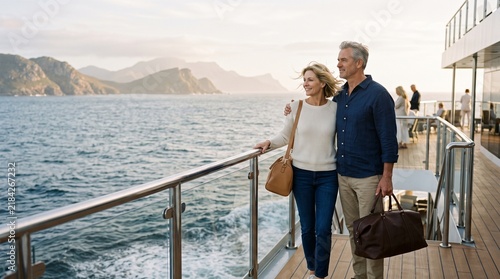 Mature Couple Enjoying A Scenic Cruise Vacation Journey On The Ocean Deck