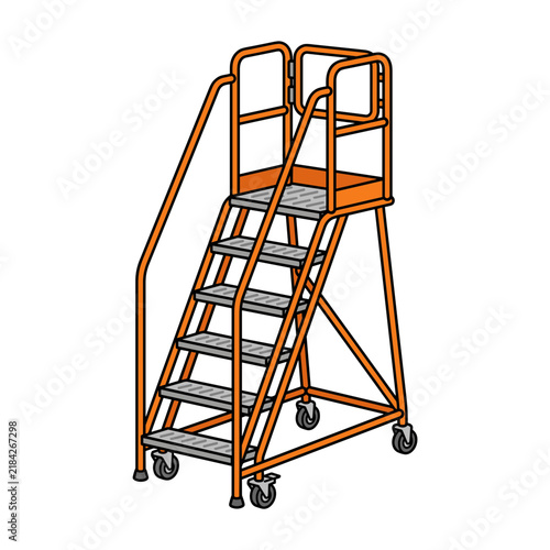 Orange industrial rolling platform ladder with safety rails and wheels
