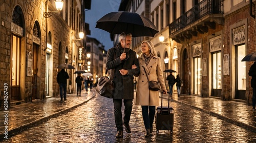 Mature Couple Walking Together Under Umbrella on Wet Evening City Street