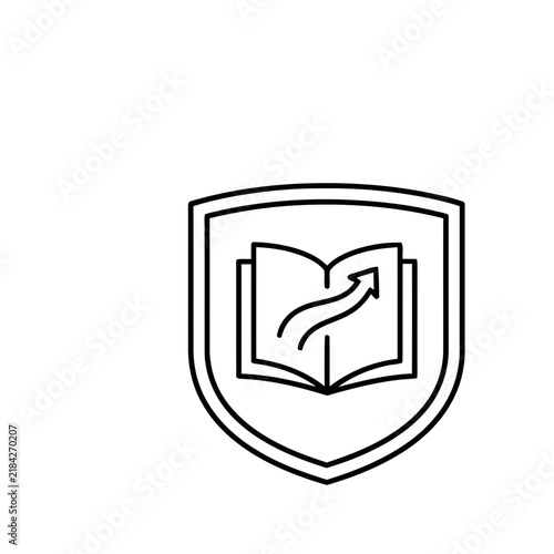 Open book with upward arrow inside shield icon