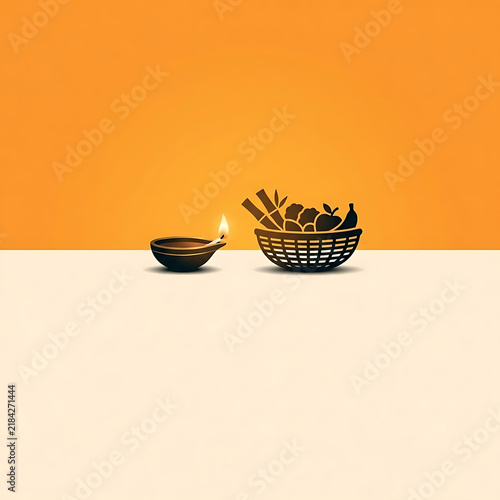 Traditional Chhath Puja offering basket with fruits, sugarcane, coconut, marigold flowers and brass diya isolated on a clean background for Indian festival and devotional designs