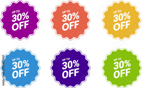 Colorful sale discount badges showing up to thirty percent off deals