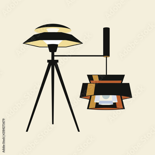 Mid-century modern tripod floor lamp and pendant light illustration