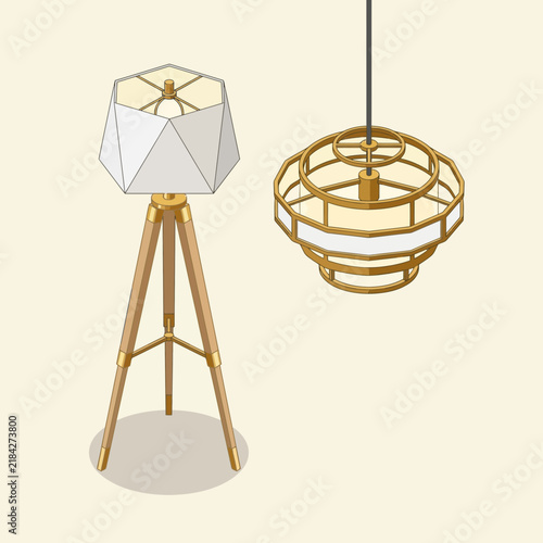 Isometric vector illustration of modern tripod floor lamp and elegant pendant light