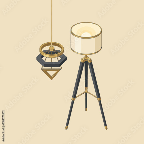Modern isometric interior lighting icons featuring tripod and geometric lamps