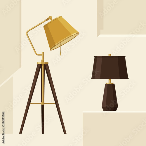 Modern tripod floor lamp and table lamp vector illustration