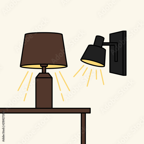 Flat vector illustration of modern table lamp and wall sconce