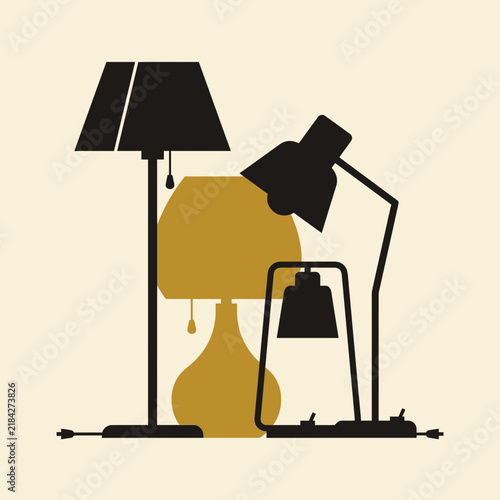 Minimalist vector illustration of various interior lamp silhouettes in black and gold
