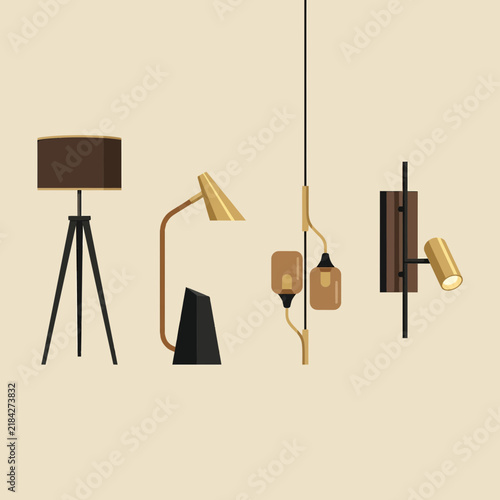 Set of Modern Minimalist Interior Lighting Fixtures Flat Vector Illustration