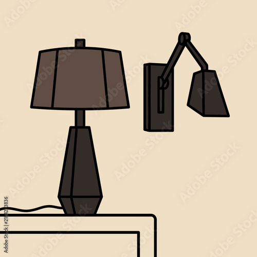 Modern interior lighting flat vector illustration with table and wall lamps
