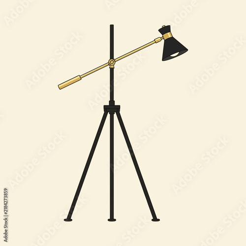 Vintage tripod floor lamp with adjustable arm and black shade