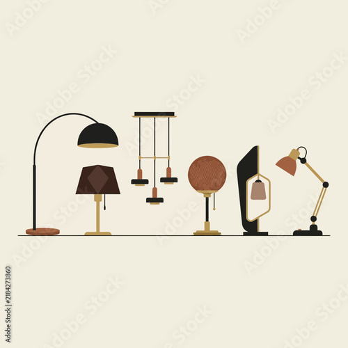 Modern interior lamp collection with various minimalist lighting fixtures
