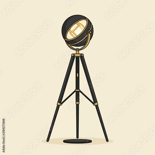 Vintage Retro Tripod Floor Lamp Illustration in Black and Gold