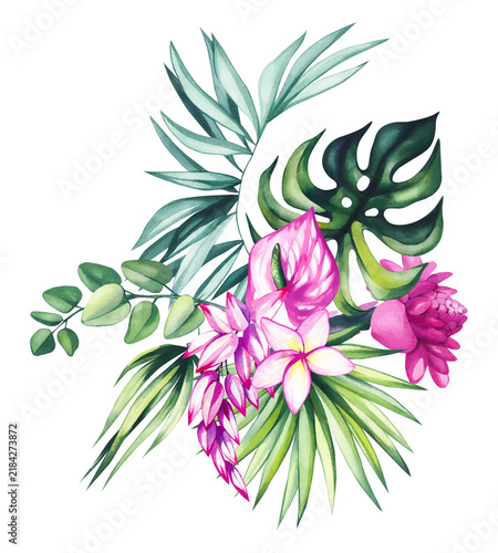 Hand painted tropical watercolor flowers and exotic botanical bouquet with lush green leaves, perfect for wedding stationery, branding, textiles, fabric, packaging, invitations, and home decor