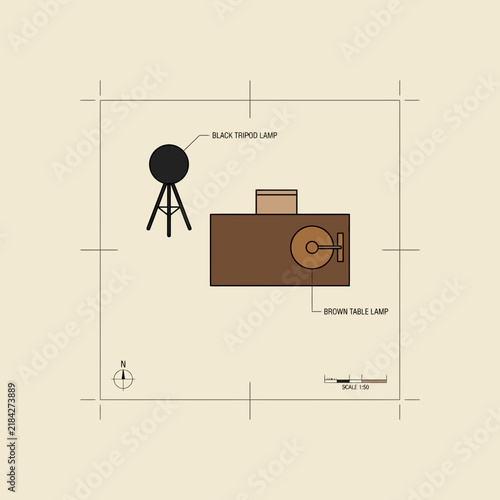 Architectural floor plan drawing of furniture layout with lamps