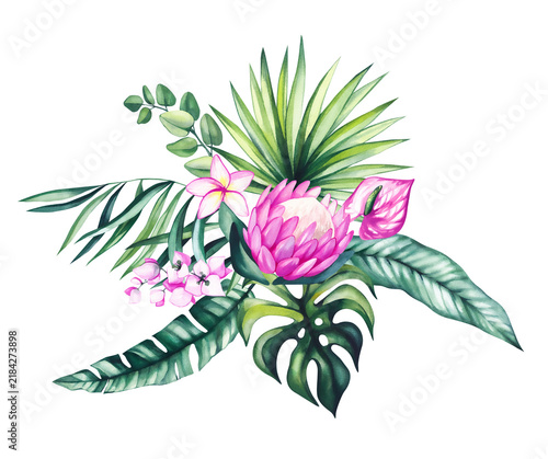 Hand painted tropical watercolor flowers and exotic botanical bouquet with lush green leaves, perfect for wedding stationery, branding, textiles, fabric, packaging, invitations, and home decor