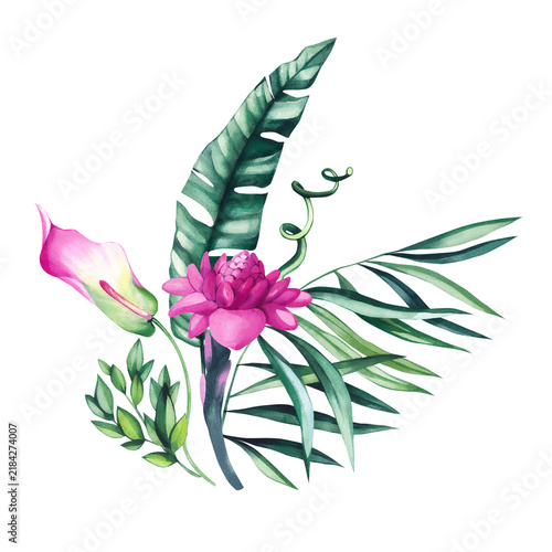 Hand painted tropical watercolor flowers and exotic botanical bouquet with lush green leaves, perfect for wedding stationery, branding, textiles, fabric, packaging, invitations, and home decor
