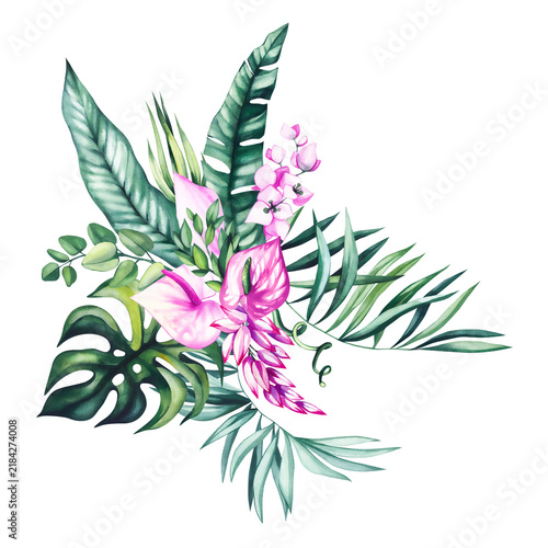 Hand painted tropical watercolor flowers and exotic botanical bouquet with lush green leaves, perfect for wedding stationery, branding, textiles, fabric, packaging, invitations, and home decor