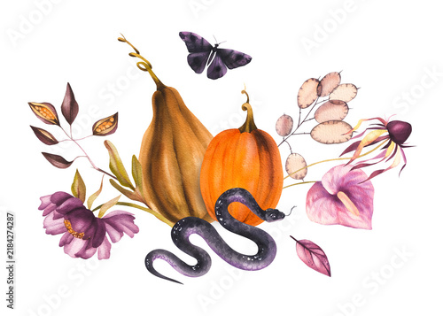 Autumn Halloween bouquet of dried leaves and flowers with pumpkins. Mystical snake still life for seasonal design, tableware, textiles, clothing, and printing.