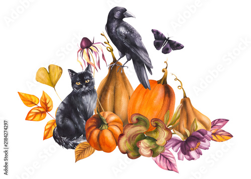 Autumn Halloween bouquet of dried leaves and flowers with pumpkins. Mystical cat, raven, and butterfly still life for seasonal design, tableware, textiles, clothing, and printing.