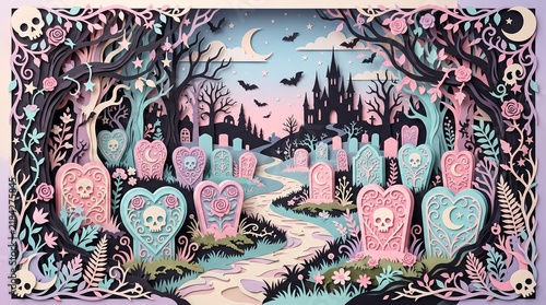 Whimsical Haunted Graveyard with Heart Shaped Tombstones and Gothic Castle
