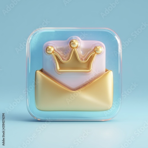 Golden mail icon with crown on a light blue background in a digital design setting