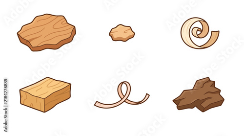 Wooden planks and curled shavings shown as simple vector design elements for creative carpentry project illustrations