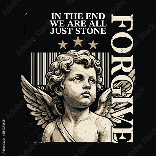 Streetwear Style Angel Statue Graphic with Philosophical Text and Distressed Texture